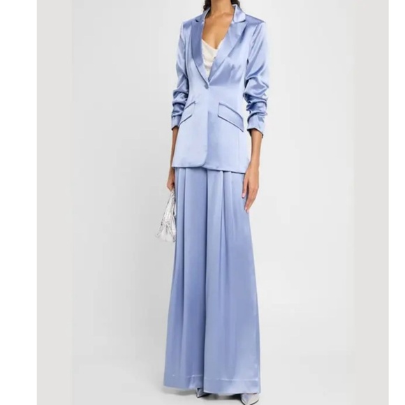 CINQ À SEPT Cheyenne Smooth Satin Scrunched-Sleeve Blazer in Rustic Blue Size 0 - Picture 3 of 11